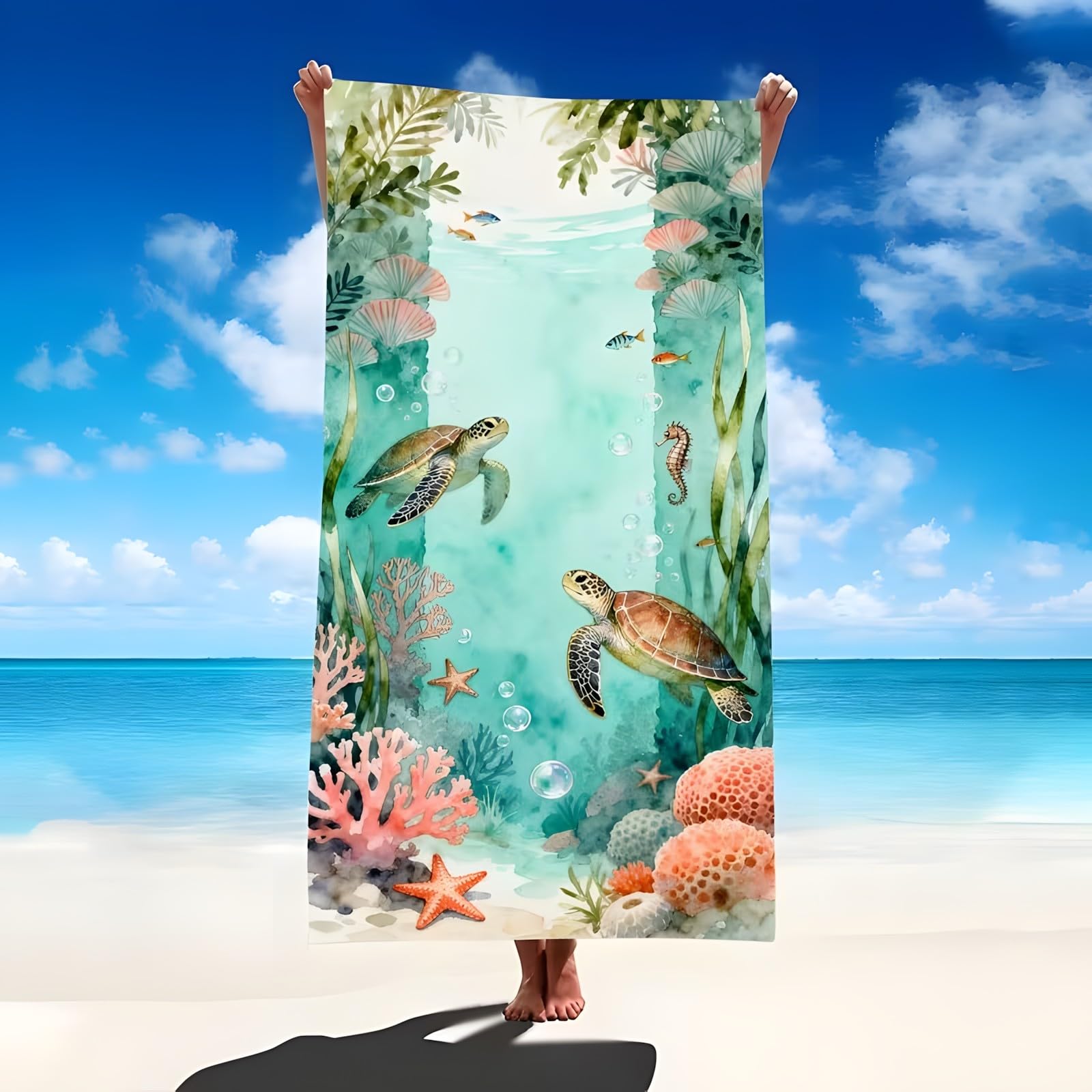 YZQGLHP Seaweed Microfibre Beach Towel Sea Turtle Beach Bath Towel Quick Drying, Lightweight, Sand-Free, Durable, for Pool, Gym, Camping, Travel Towel 180x200cm