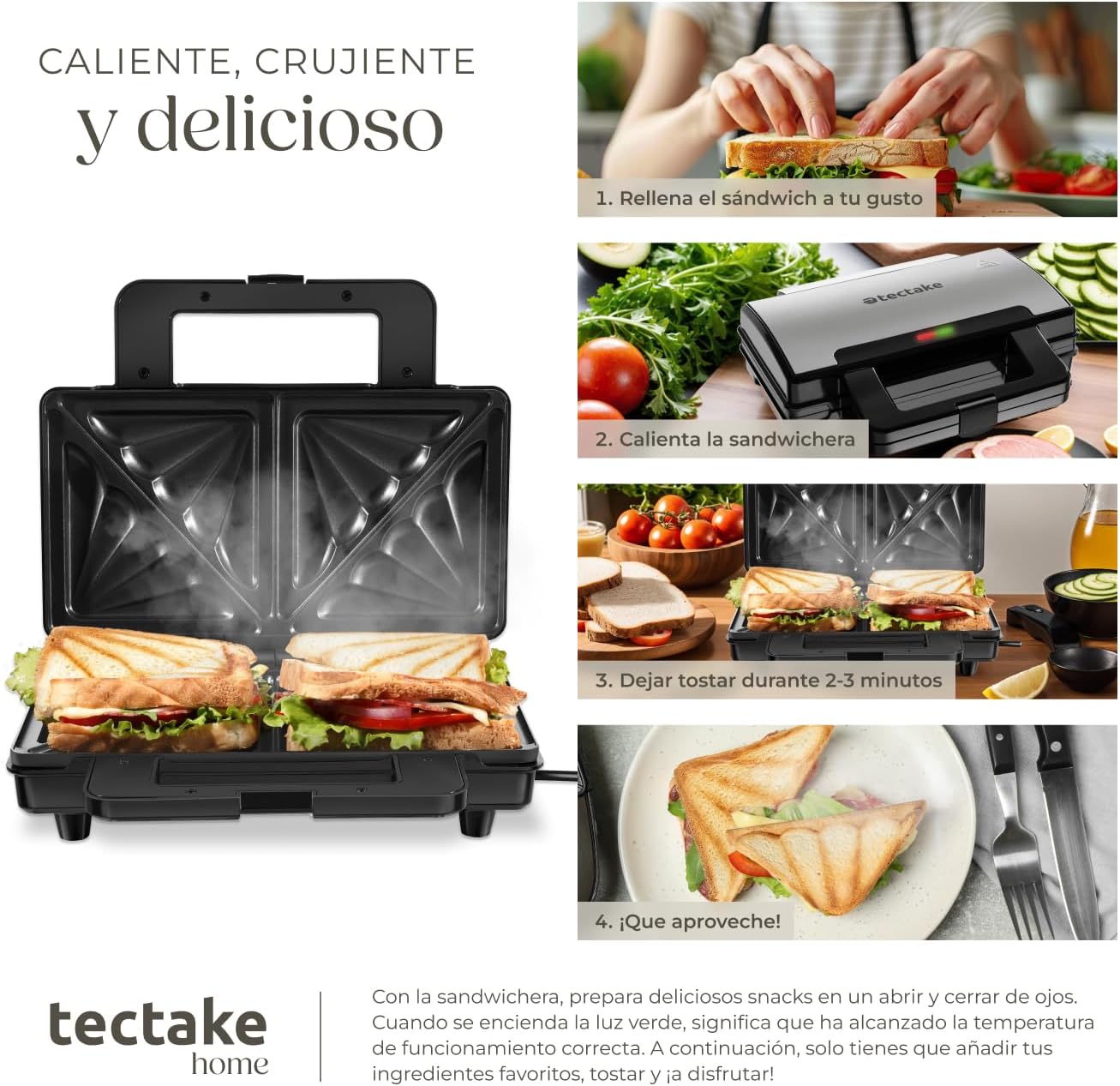 Collage showing steps to make a sandwich: filling, heating, toasting, and serving.