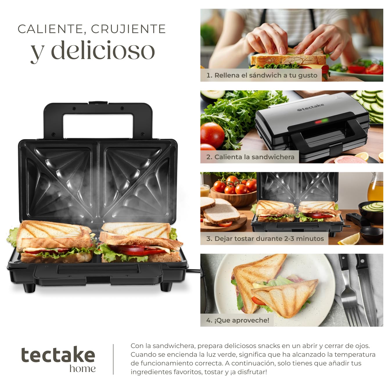 tectake® Sandwichera Eléctrica Antiadherente, Resistente al Calor, Parrilla Eléctrica, Grill Sandwichera, de Aluminio, Tostadora de Sándwiches, Control Automático, Capacidad 2 Unidades