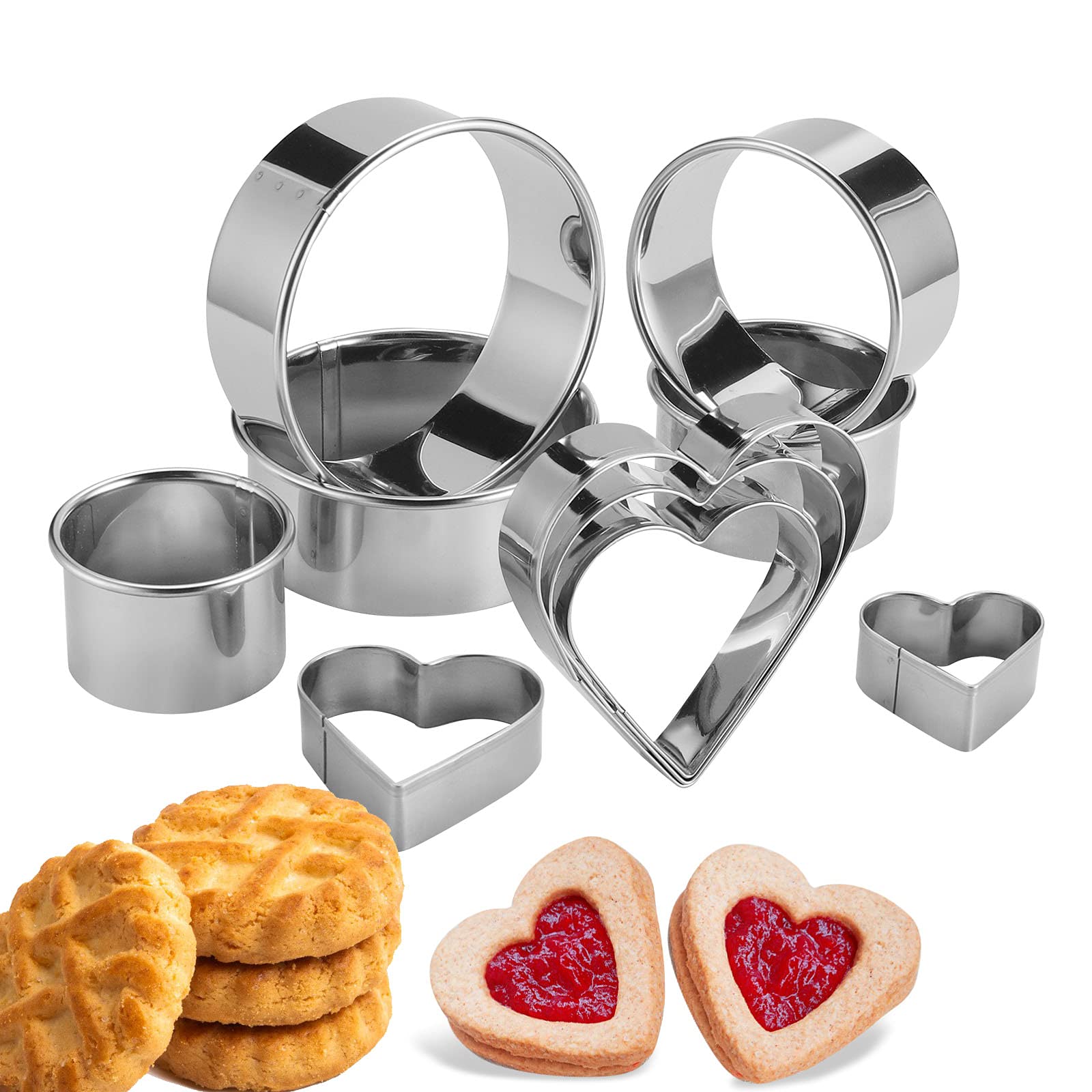 10-teiliges Ausstechformen-Set in Herzform, rund, abgestufte Kreisform, Gebäckausstecher, professionelles Edelstahl-Backwerkzeug und Donut-Ausstechformen