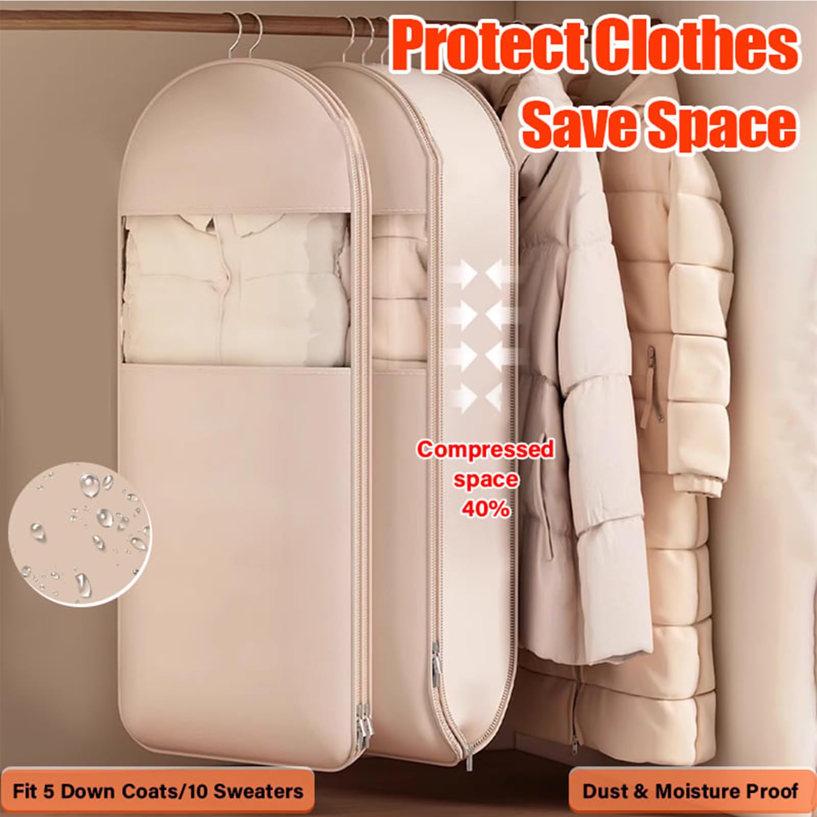 Borsa salvaspazio da appendere, con cerniera autocompressiva, protezione salvaspazio per piumino, cappotto, copertura antipolvere a compressione per armadio (beige, 3 pezzi (M+L+XL))