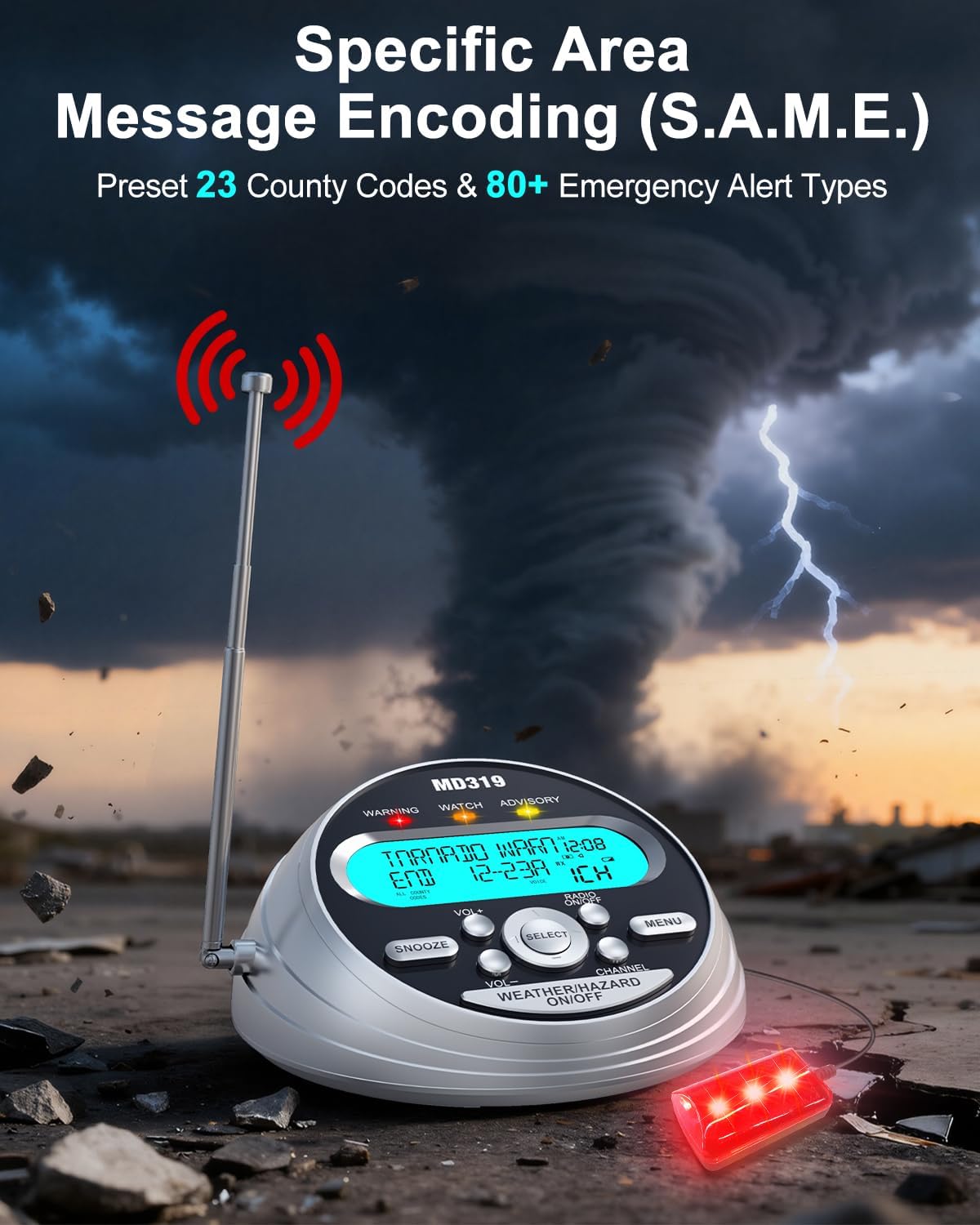 MD319 NOAA Weather Alert Radio with S.A.M.E Localized Programming, 23 County Codes & 80+ Emergency Alerts, Battery Backup, Alarm Clock, External Antenna and Warning Light for Home & Emergency
