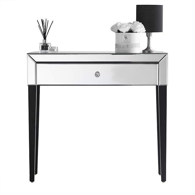 CARME Laguna Mirrored Dressing Table with 1 Drawer Crystal Handle Modern Style Glass Design Makeup Vanity Table Cosmetic Jewellery Storage Organiser Bedroom Furniture (Laguna Silver)