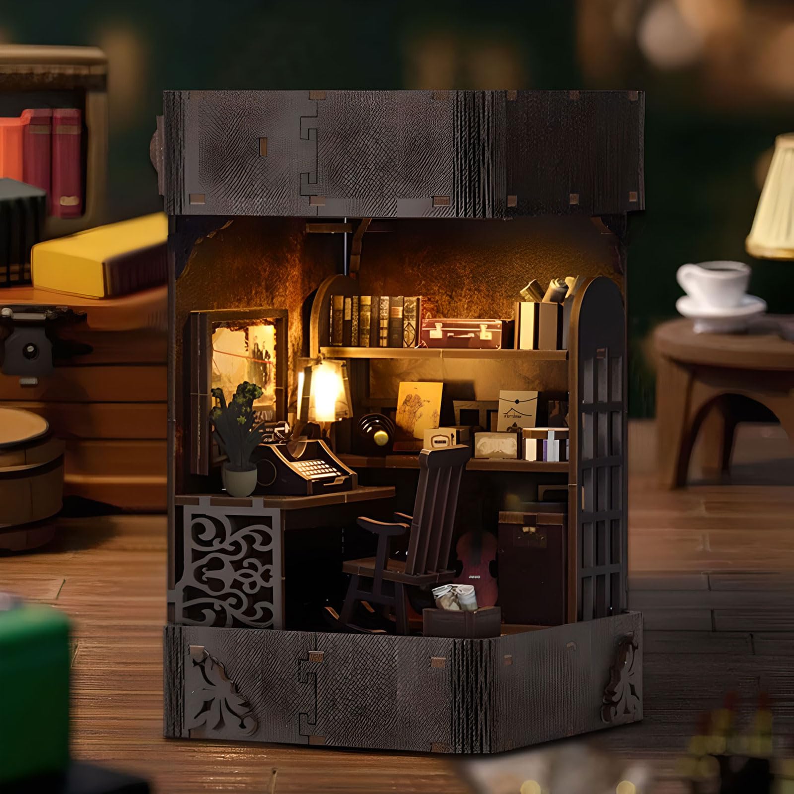Kit fai da te per angolo libri, puzzle in legno 3D fai da te in miniatura, mini casa, kit per libri, fermalibri, inserto decorativo con luce a LED, per adulti, libro magico, libreria, decorazione,