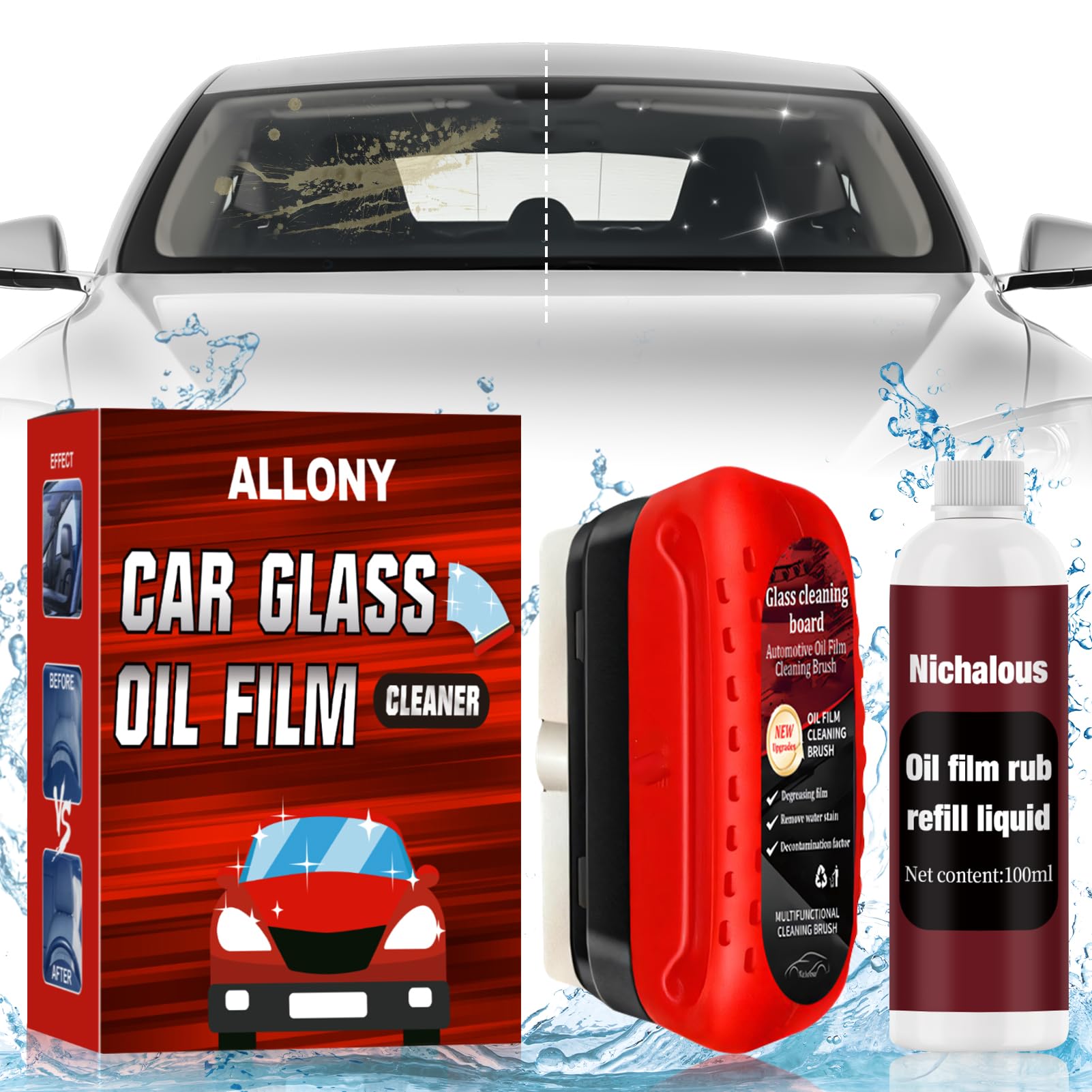 ALLONY Glass Cleaning Board, 120ml Clear view Parebrise, Nettoyant Pare Brise Voiture, Film Oléophobe pour Vitres D'automobiles, Nettoyant Vitre Voiture y 100ml Recharges