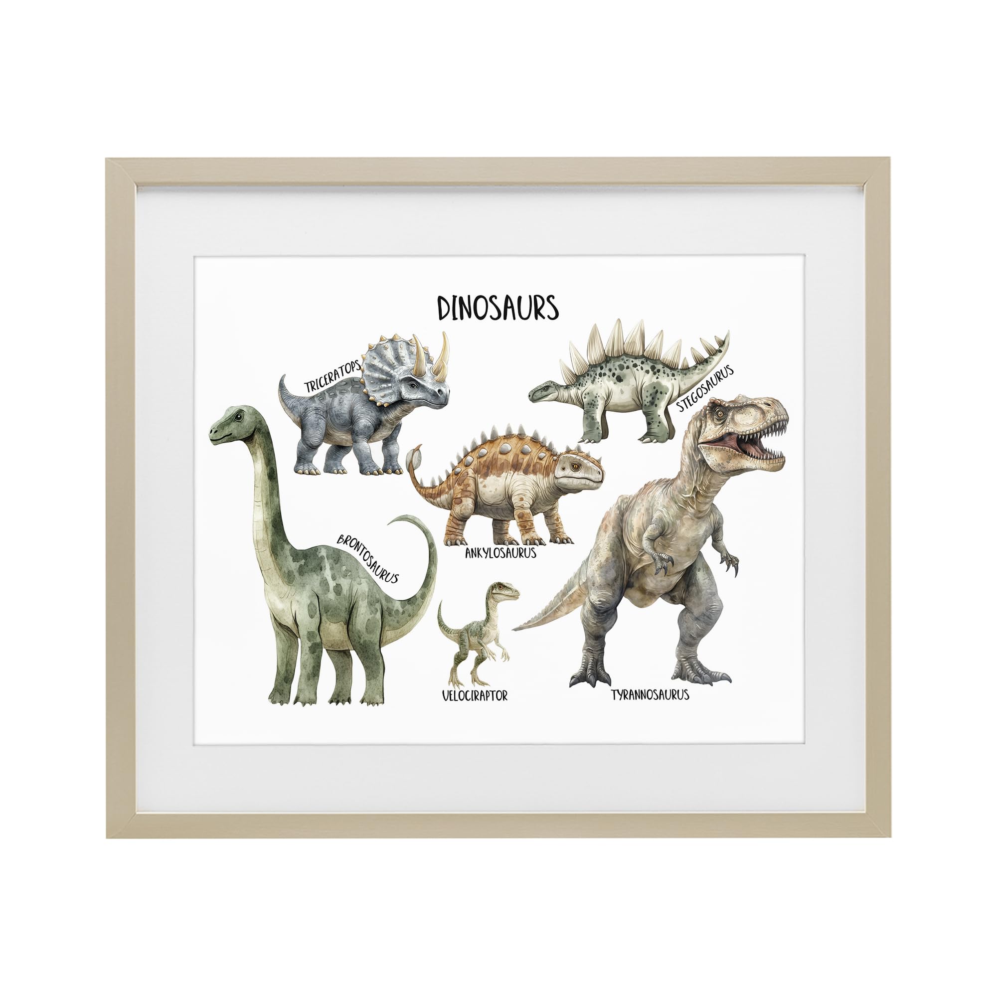 Stupell Industries Meet The Dinosaurs Nursery Wall Art, Cool Prehistoric Animal Print for Kids Room, 17 x 21 Inch Framed Matted Print Under Glass, by Christine Simpson Art, Made in USA Gift