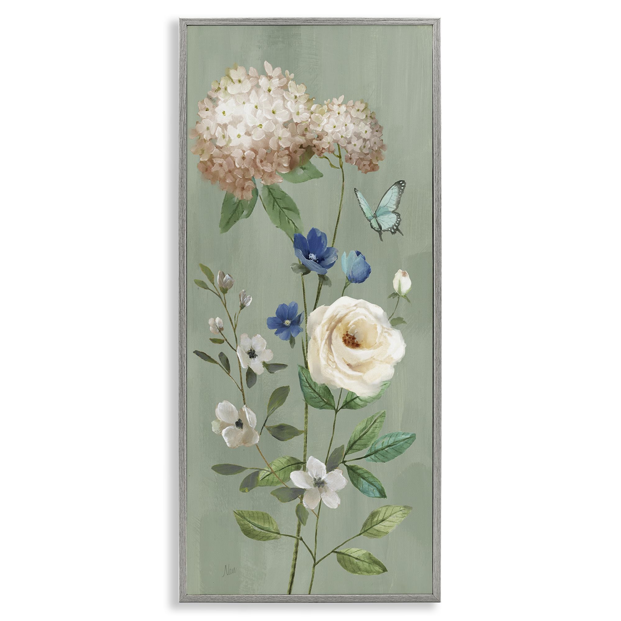 Stupell Industries Farmhouse Gray (Textured) 'Hydrangea & Rose With Butterfly'| Framed Giclee Art