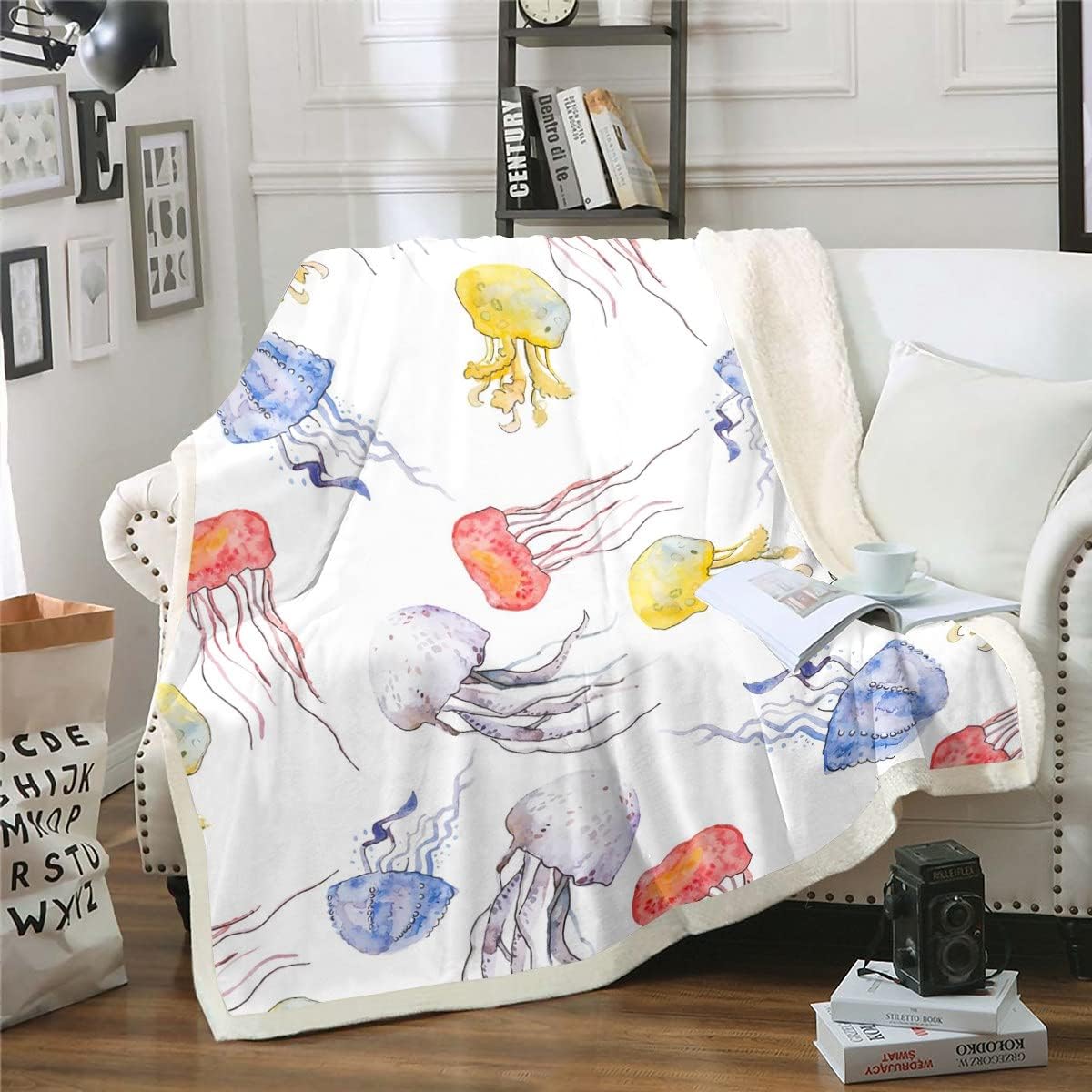 Erosebridal Kids Cute Cartoon Throw Blanket for Couch Jellyfish Fleece Blanket, Rainbow Jellyfish Sherpa Blanket 40x50 Red Gray Yellow Blue Blanket, Ocean Animal Sealife Bed Blanket Watercolor Decor