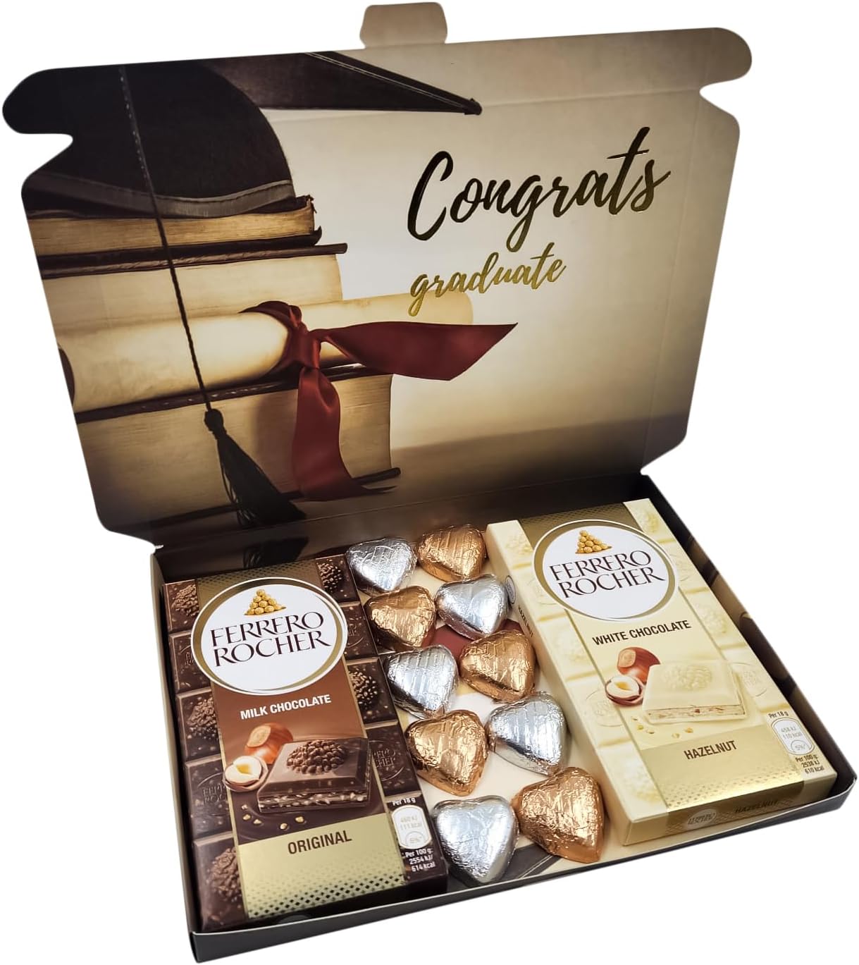 evelayGraduation Day Gift Box Hamper Containing 1x Ferrero Rocher Milk Bar 1x White Chocolate Bar 5x Silver Milk Chocolate Hearts 5x Blue Wrapped Milk Chocolate Hearts