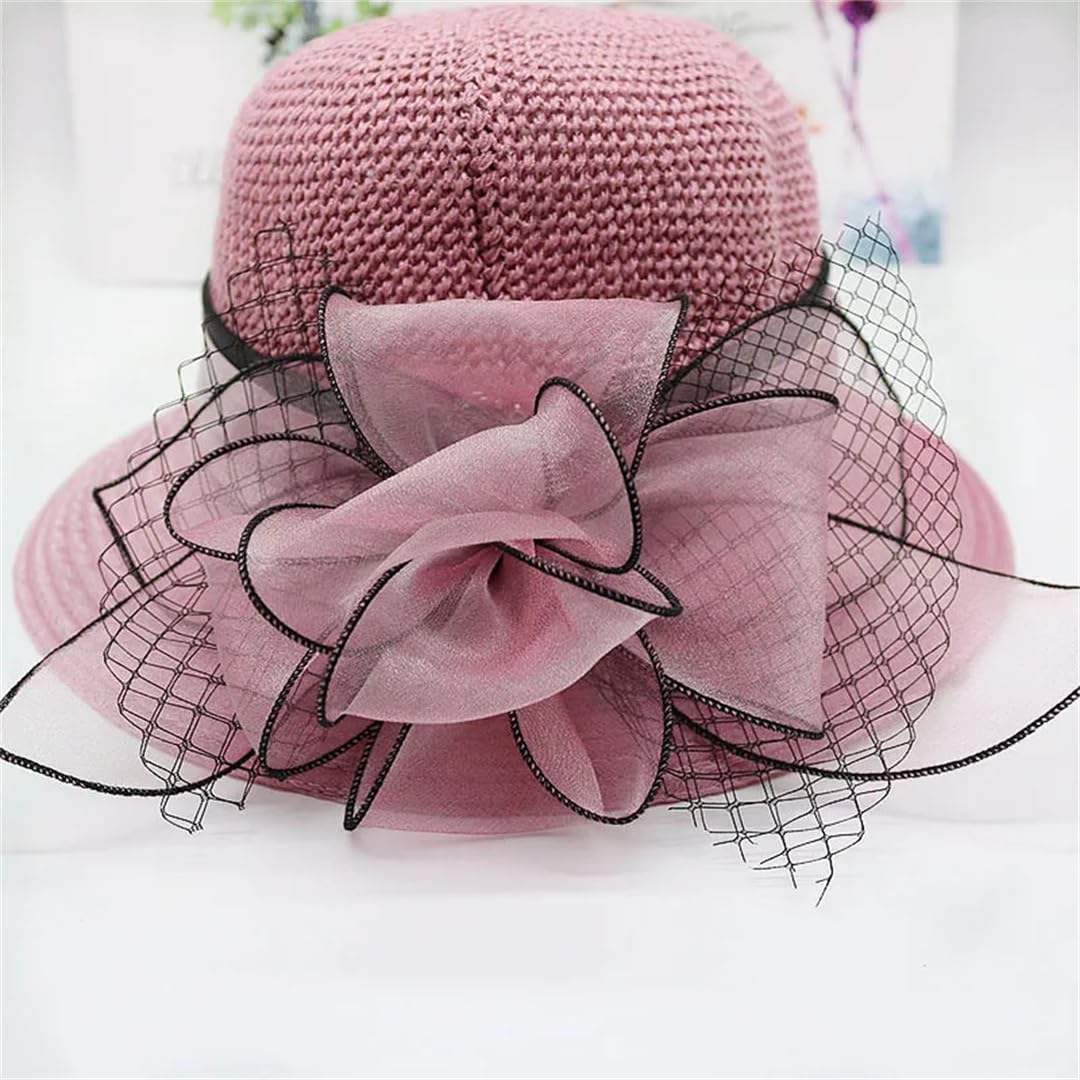 Yeuyyben Cappello estivo da donna in organza con fiore in rete, cappello estivo per vacanze e spiaggia, cappello da sole a tesa larga, cappello da sole Sombreros