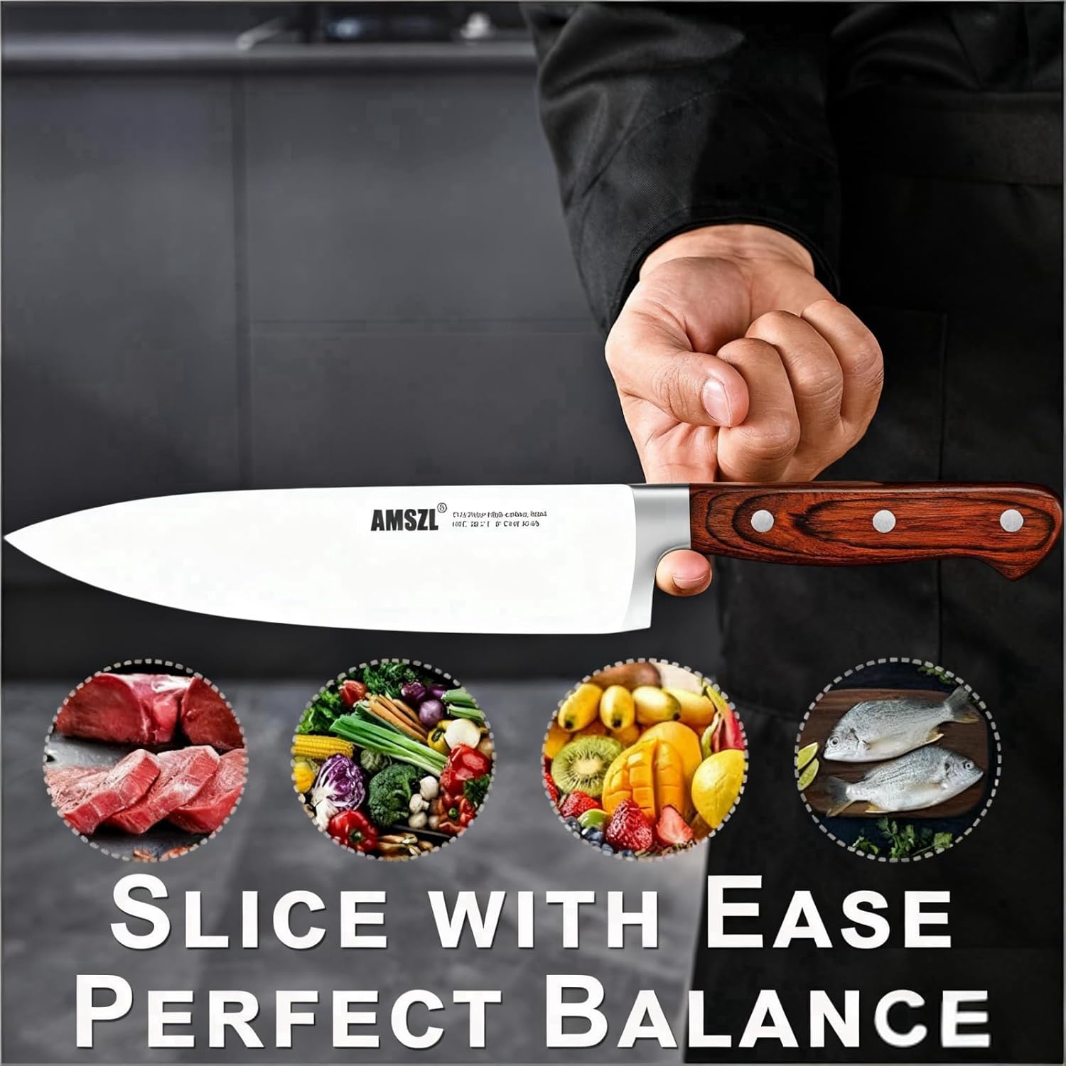 Chef Knife 8 Inch – Professional Kitchen Knife, Ultra Sharp German High-Carbon Stainless Steel, Full Tang Ergonomic Pakkawood Handle, Ideal for Slicing Meat Dicing Vegetables