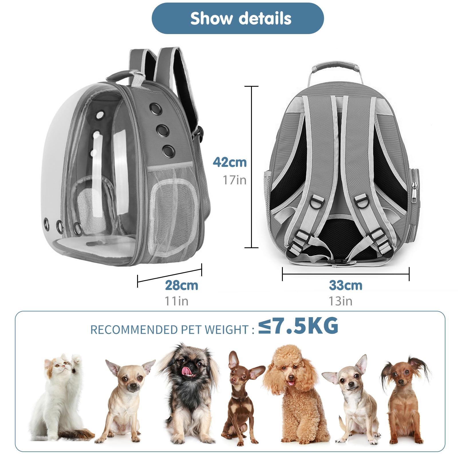 PETCUTE Portatili Trasportino per Animali Zaino Trasparente Zaino per Cani e Gatti con Cinghia di Sicurezza Interna,Capsula Spaziale da Viaggio, Ideale per Viaggi,attività all'aperto Grigio