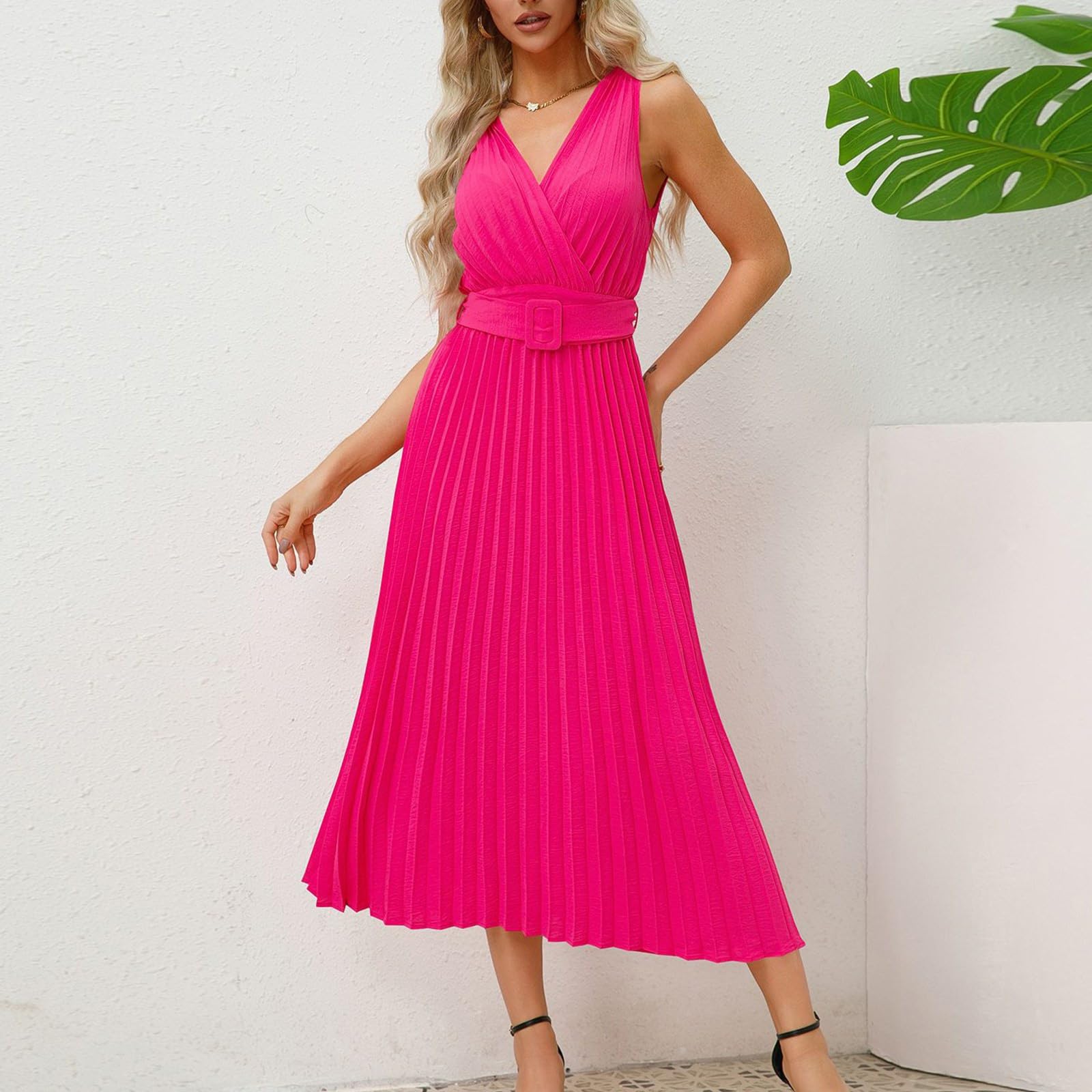 Femme Robe Longue de Cérémonie Chic Ado Col V Plissé Sexy Taille Haute sans Manche Plissée Irrégulière Robes Fille d’Eté Bandage de Soirée Cocktail Demoiselle d'honneur Mariage Fête Aniversaire