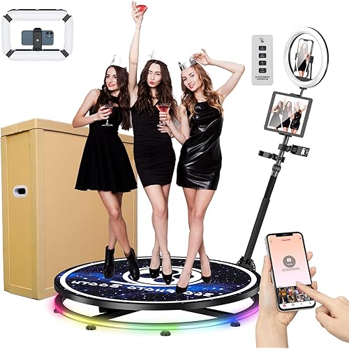 360 Photo Booth 31.5" Machine with Honeycomb case+ Extra Free Battery Ring Light Stand Free Custom Logo with Extra Replacement Accessories,Software APP Control Rotating Platform Auto Slow Motion