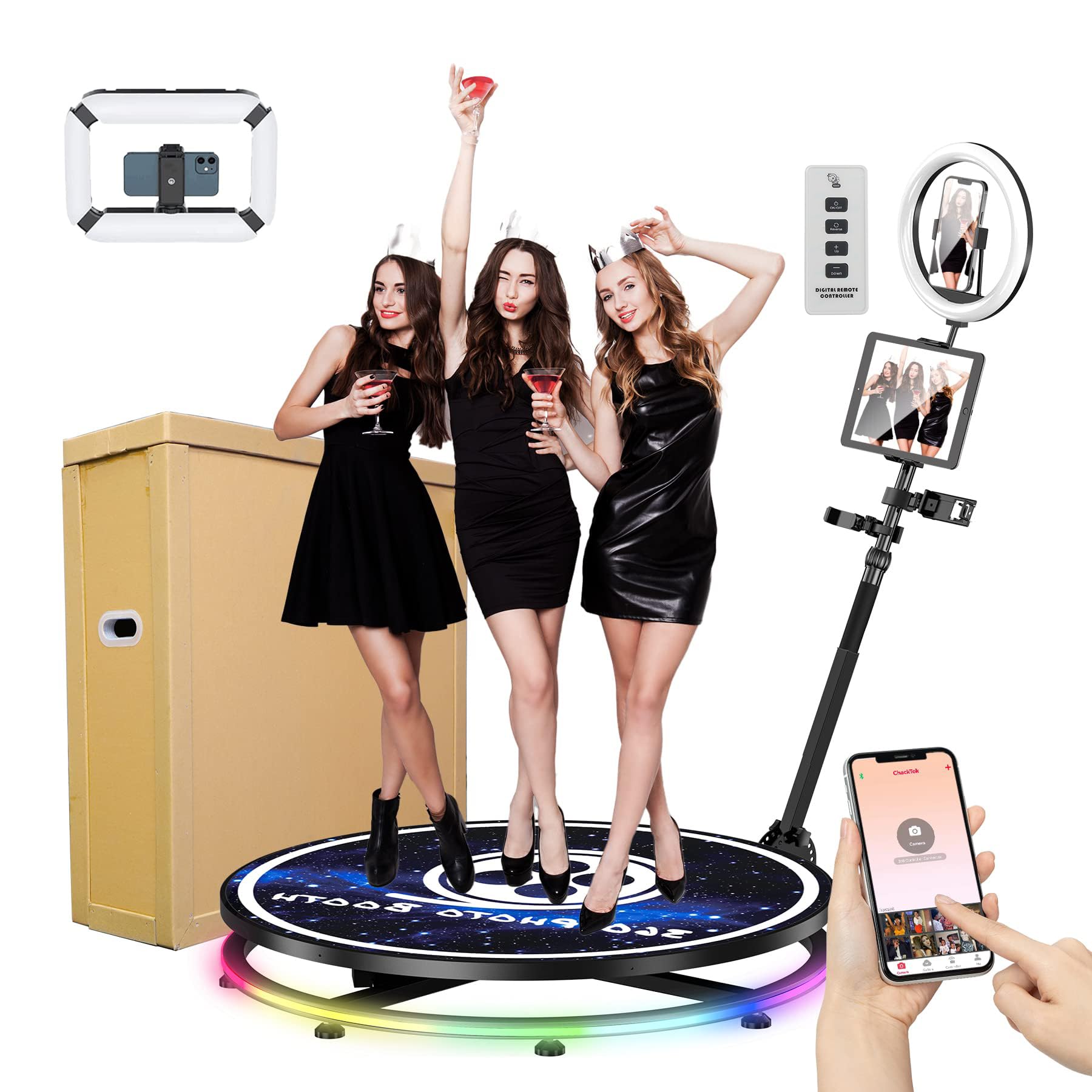 360 Photo Booth 31.5" Machine with Honeycomb case+ Extra Free Battery Ring Light Stand Free Custom Logo with Extra Replacement Accessories,Software