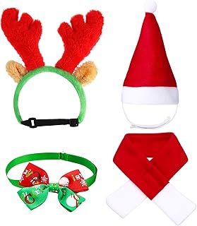 4 Pieces Cute Cat Dog Christmas Santa Hat Scarf Bow Tie Collar Christmas Reindeer Antlers with Ears Head Wear Xmas Costume Accessory for Kitten Puppy Small Pets
