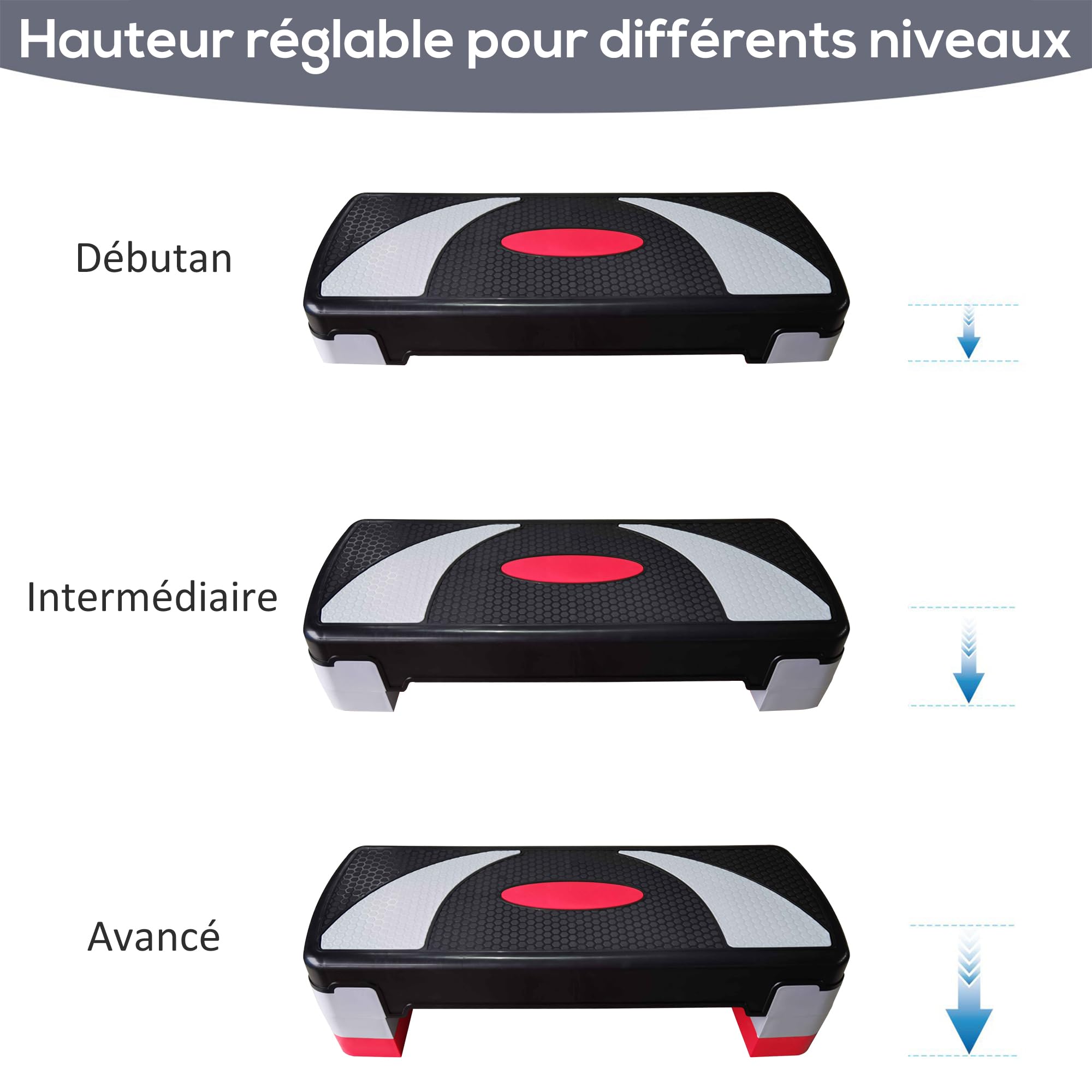 HOMCOM Step Fitness Aerobic, Stepper Hauteur Réglable, Surface Antidérapante en Plastique, 78x29x20 cm, Noir