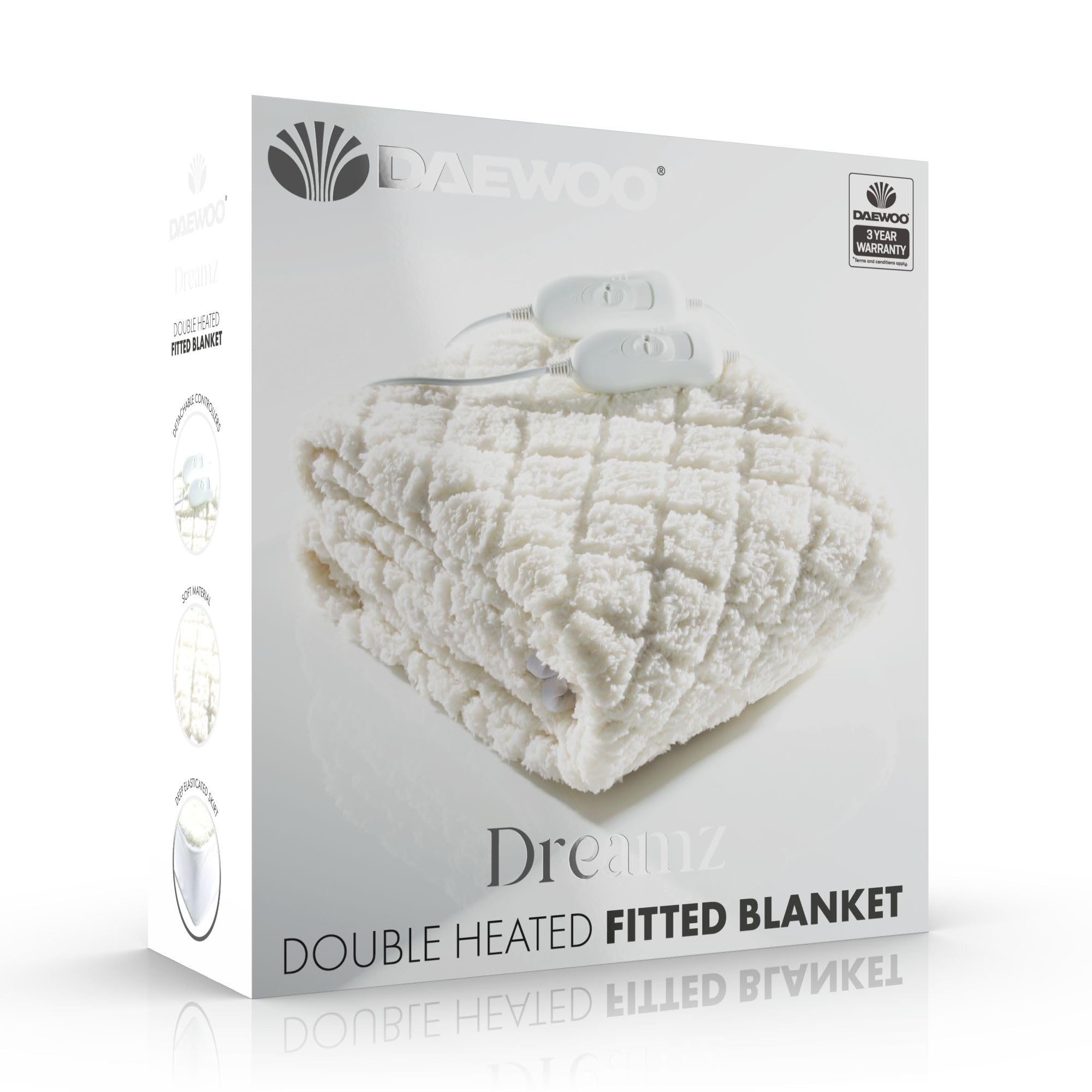 Daewoo Dreamz - Manta Ajustable con calefacción Doble, 3 ajustes de Calor, Controles de Doble Zona, Lavable a máquina, Funda de Tacto Suave, Cama Doble