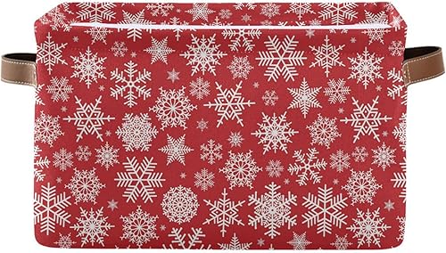 Cesta de almacenamiento plegable, cubos organizadores con patrón de Navidad con copos de nieve blancos sobre fondo rojo, bolsa de doble asa para
