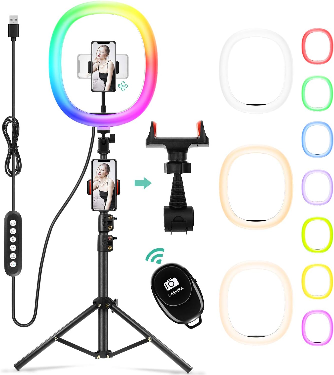 Lowest Price JIRVY Upgrade 12 Selfie Ring Light，14 RGB Dynamic Color Mode Led Ring Light 53.5 Adjustable Tripod Stand，with Bluetooth Remote Shutter & 2 Phone Holder for TIK Tok/YouTube/Makeup/Live Stream/Selfie