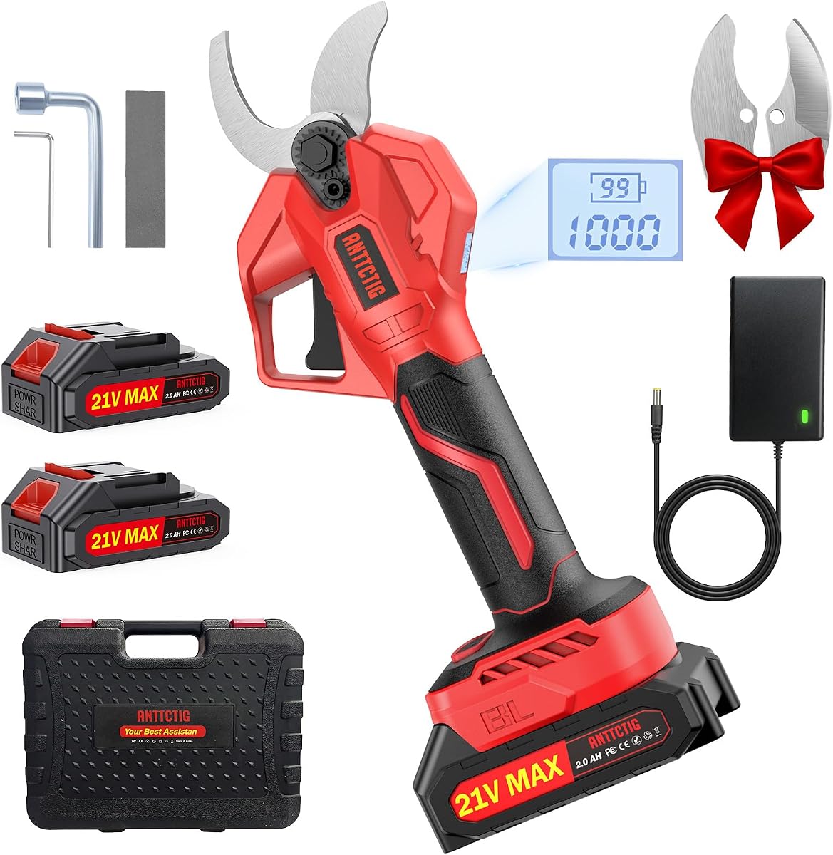 Electric Pruning Shears, 2.56'' Cut, 2 Batteries & Spare Blades | Battery Powered Cordless Branch Cutter, 2 Modes, SK5 Blades, LCD Display, Electric Pruner for Garden Tree Flower Trimming,Red