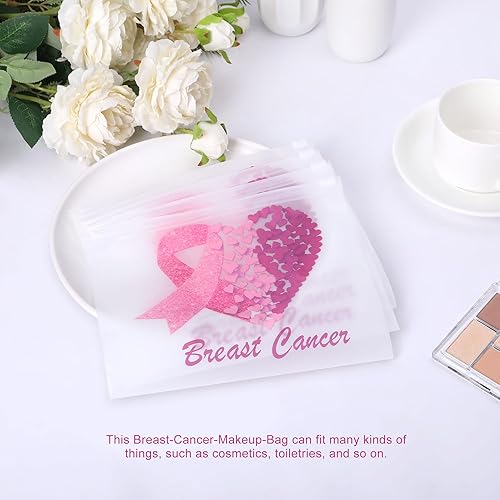 Miniatura 4 de 100 bolsas de maquillaje para concientización sobre el cáncer de mama, bolsas de cosméticos impermeables con cinta rosa con cremallera, bolsas de