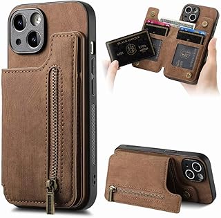 Funda tipo cartera de piel sintética con tapa para iPhone 16, con tarjetero, cierre magnético, color marrón