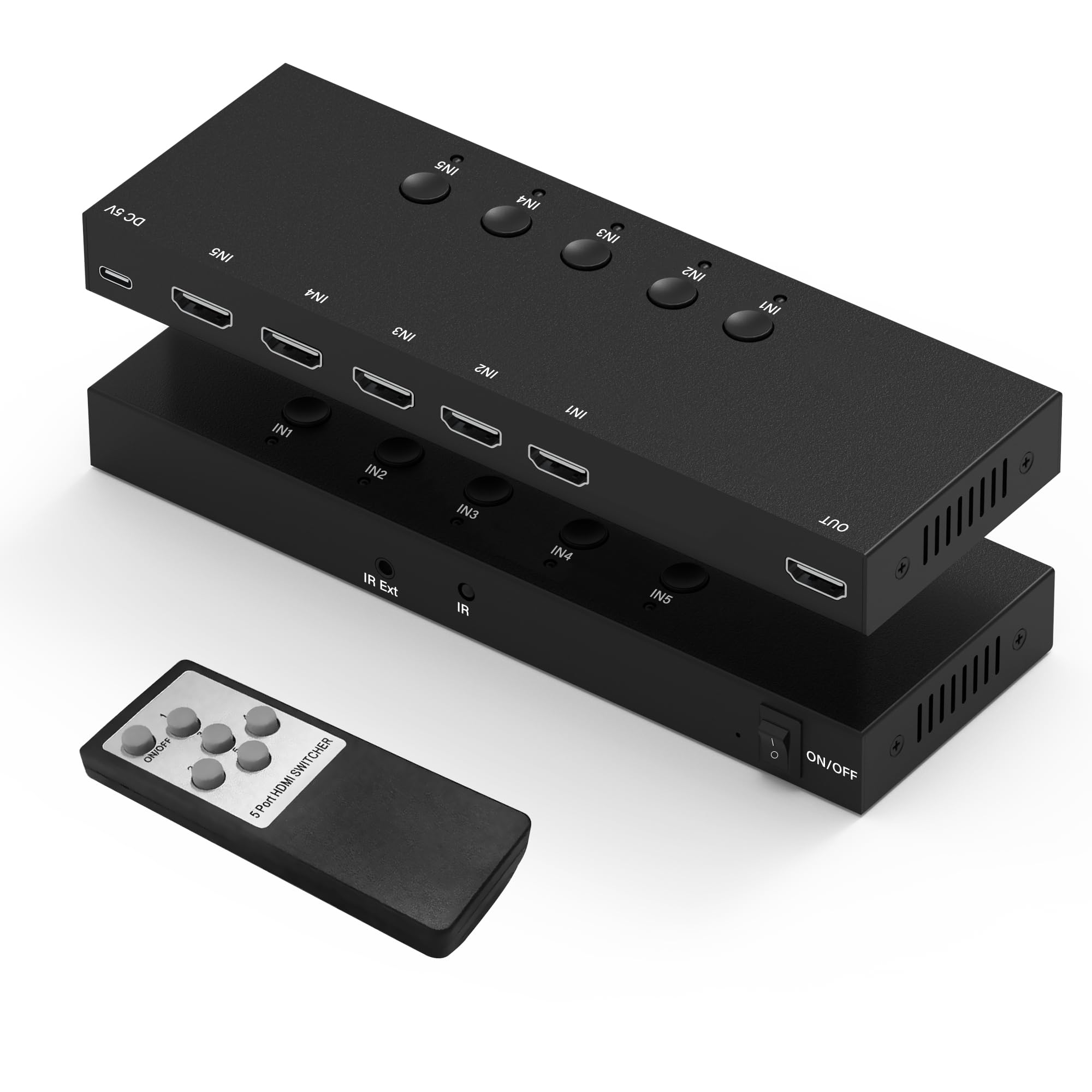 4K@60Hz 5 in 1 Out HDMI Switch, 5 Port HDMI Switcher Selector Support HDR10 &amp; HDCP 2.2 &amp; Full 3D with IR Remote Control and ON/Off Switch for Nintendo Switch,Xbox PS5/PS4,Fire Stick,Roku,Apple TV