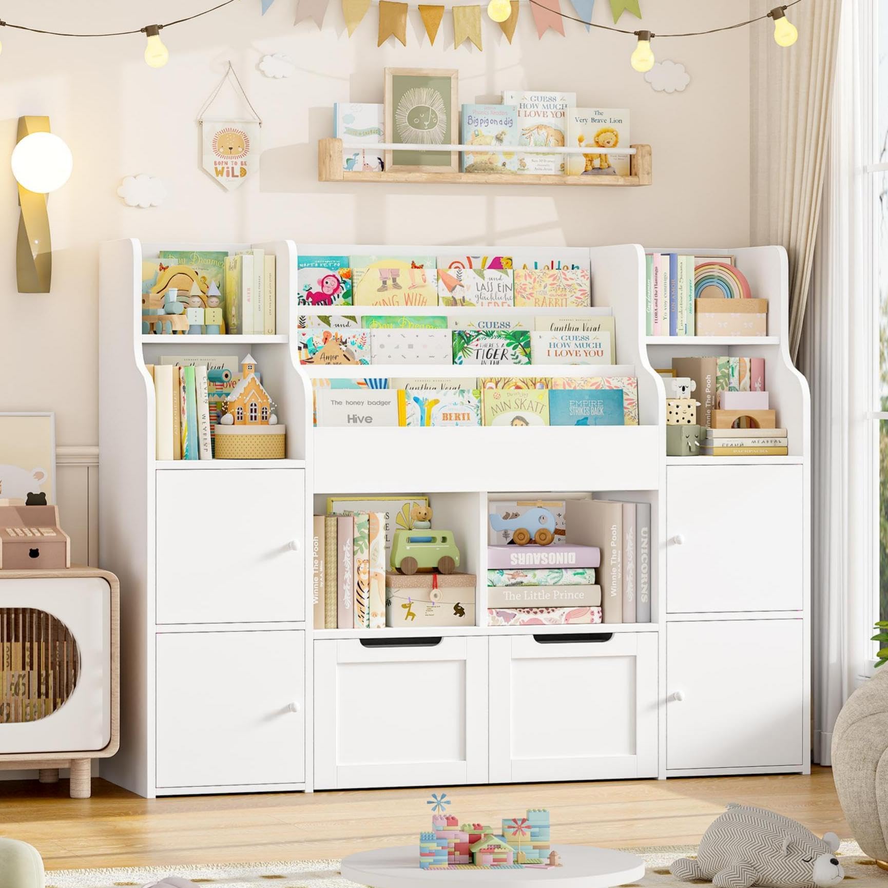 Toy Storage Organizer, Large Toy Organizers and Storage with 8 Storage Cubbies and 2 Movable Drawers, Toy Shelf Organizer with 4 Display Shelves, 3-Tier Kids Bookshelf and Toy Storage