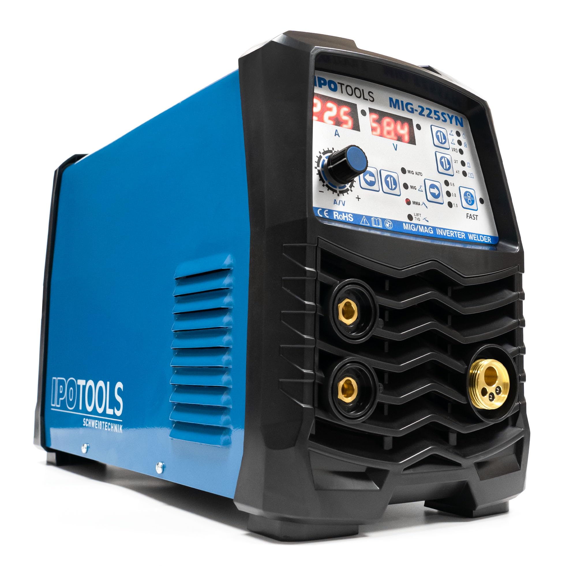 IPOTOOLS MIG-225SYN Inverter Schweißgerät MIG MAG - Schutzgas Schweissgerät mit 225 Ampere/Synergic Funktion/Fülldraht und Elektroden/E-Hand/Digitalanzeige/IGBT / 230V / 7 Jahre Garantie
