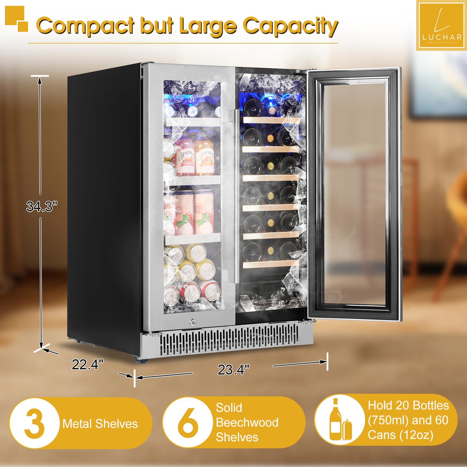 24 Inch Wine And Beverage Refrigerator, Dual Zone Wine And Drink Fridge With Glass Door&Lock For 20 Bottles And 60 Cans, Under Counter Wine Cooler Refrigerator Built-In Counter Or Freestanding on Fridge.com - View 2