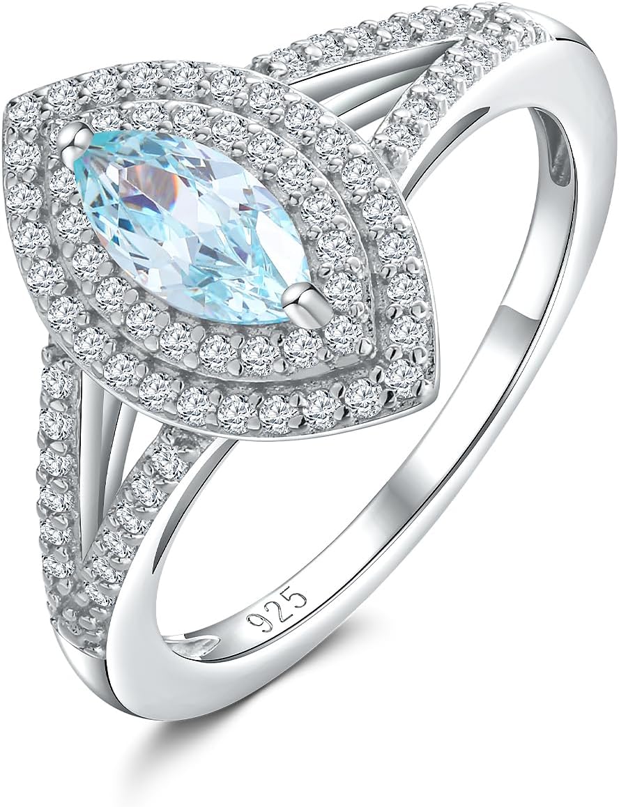 Marquise Engagement Ring 925 Sterling Silver Created Sapphire/Emerald/Ruby/Aquamarine Gemstone Double Halo Wedding Promies Rings Anniversary Jewelry Size 6-10