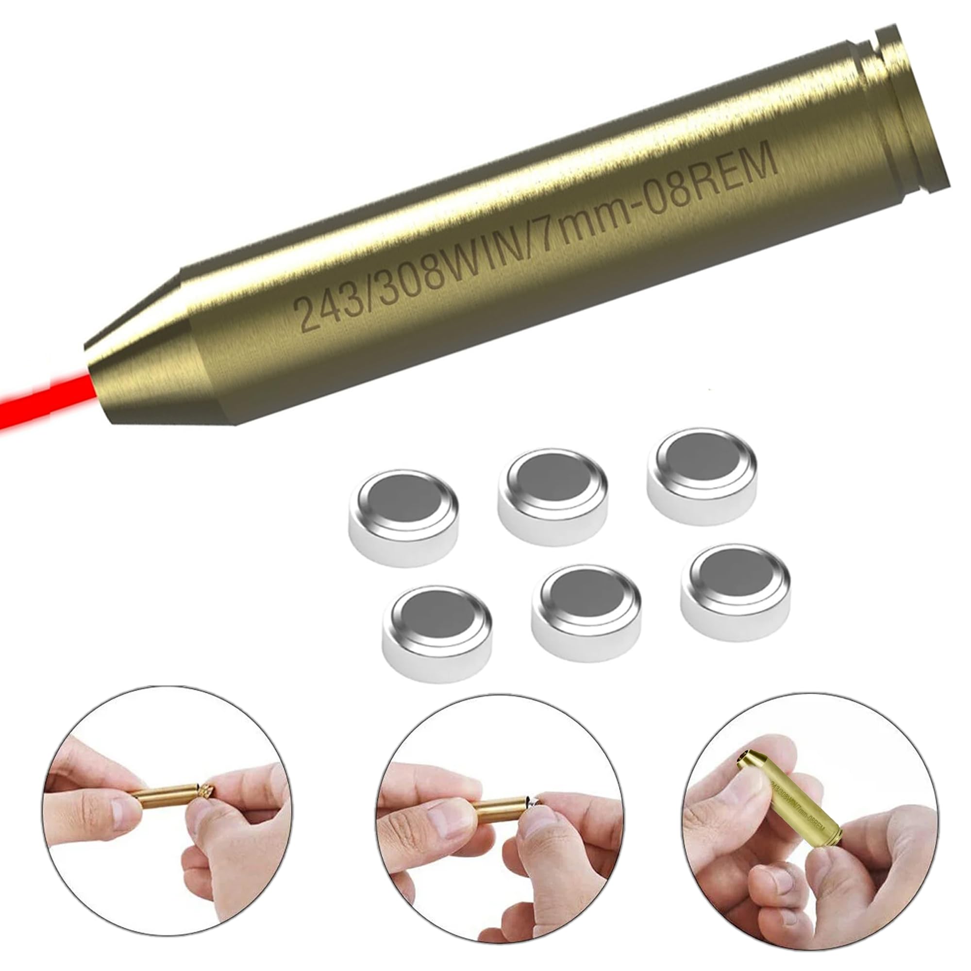 GOTICAL 308 or 30-06 Bore Sight Laser Red Dot in-Chamber Cartridge, Laser Will Display a 2” dot at 100 Yards, Designed for Fast Gun zeroing and Sighting, SIX Batteries are Included