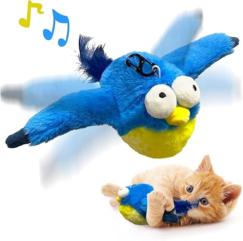 Juguetes para gatos, alas aleteadas, pájaro azul, sin volar, chirrido, juguete interactivo de hierba gatera para gatitos o perros pequeños, activado