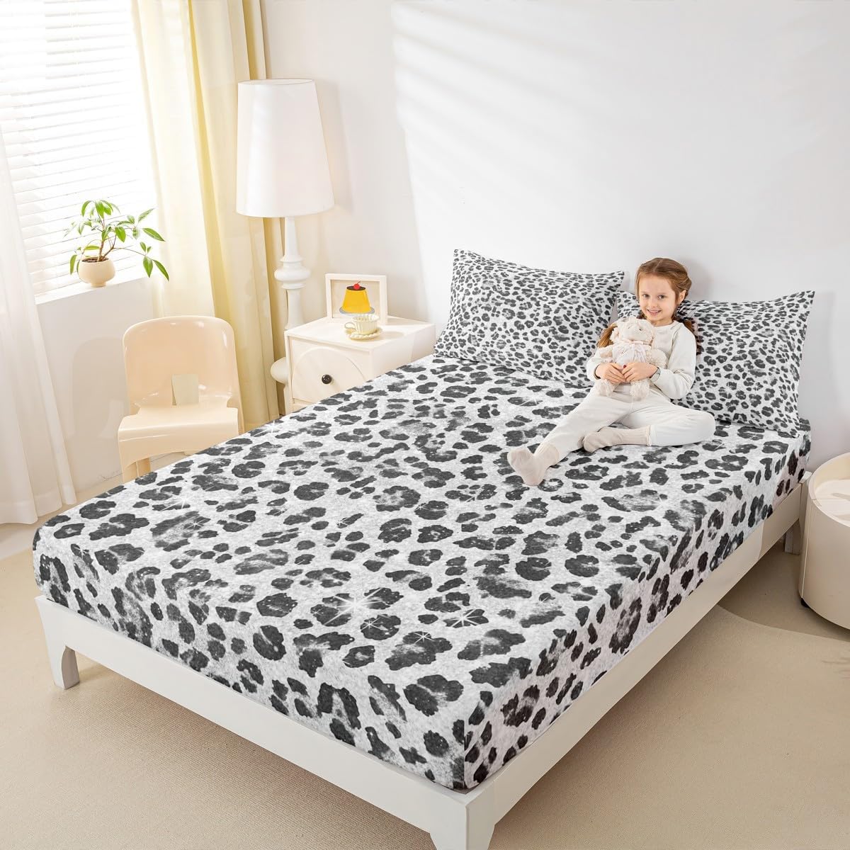 jejeloiu Black Gray Leopard Fitted Sheet Queen Size Cheetah Bed Sheets Set 16" Deep Pocket Soft Breathable Microfiber Animal Print Bedding with 2 Pillowcases Leopard Fur Print Room Decor Safari