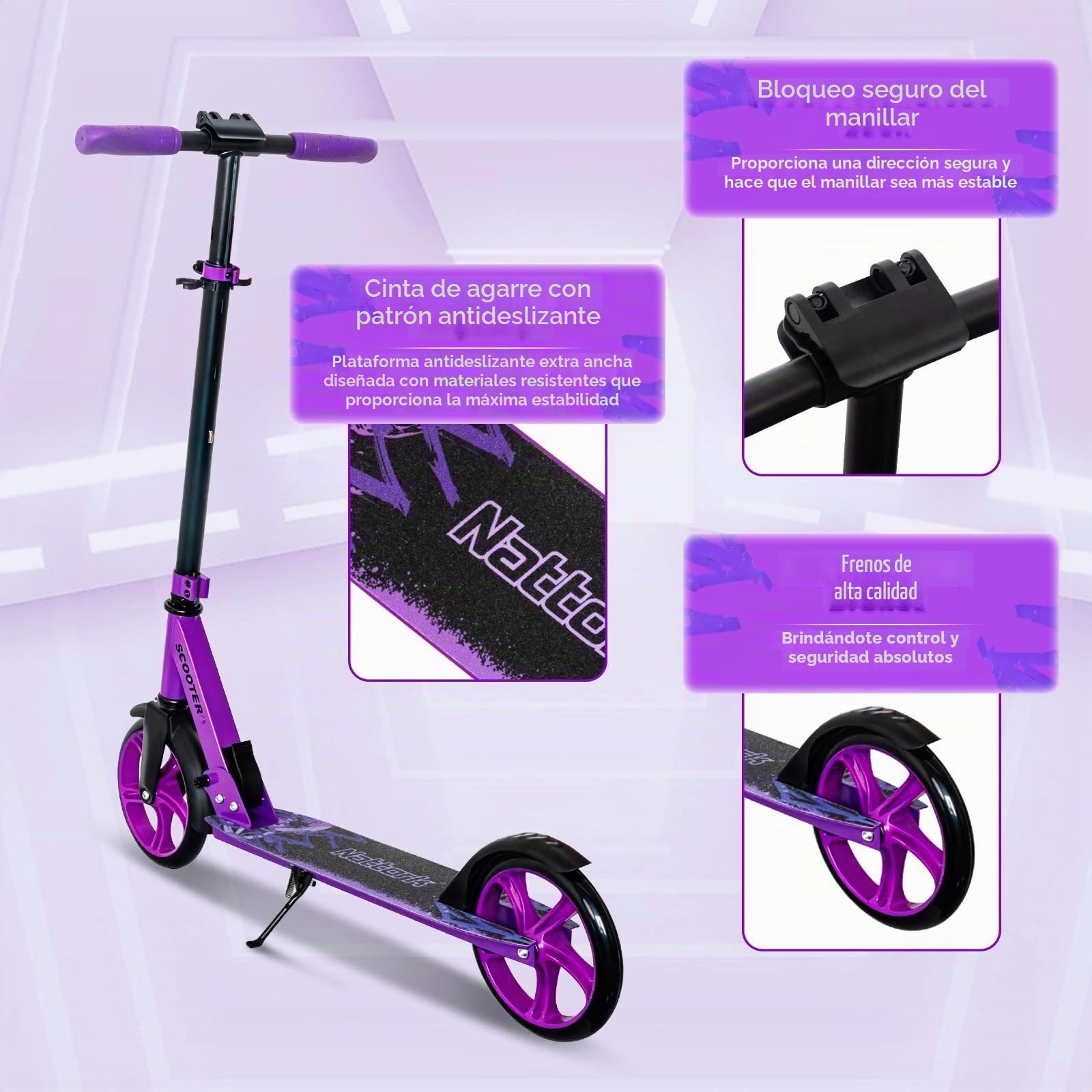 Nattork Patinete para adultos y jóvenes: patinete plegable de altura ajustable con ruedas grandes y estables para un viaje suave, ligero, con freno de mano y suspensión