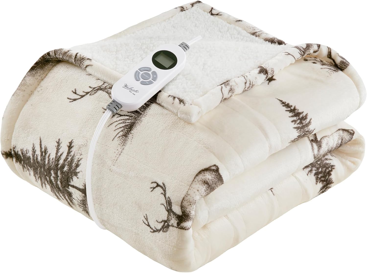 Woolrich Heated Throw Blanket with Ultra Soft Plush and Sherpa Reverse, 12 Heat Settings, Auto Shut-Off, Farmhouse & English Country Gift Throw – Deer Toile Pattern, 50"x60"