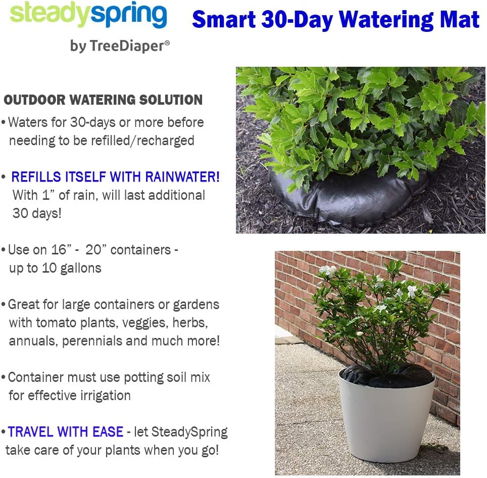 SteadySpring(R) Smart 30+Day Watering Mat Auto Refills with Rain for Tomato Plants, Peppers, Veggies, Perennials, Annuals in 1-2 Gallon Containers or with a 7 in to 10 in Root Ball (4)