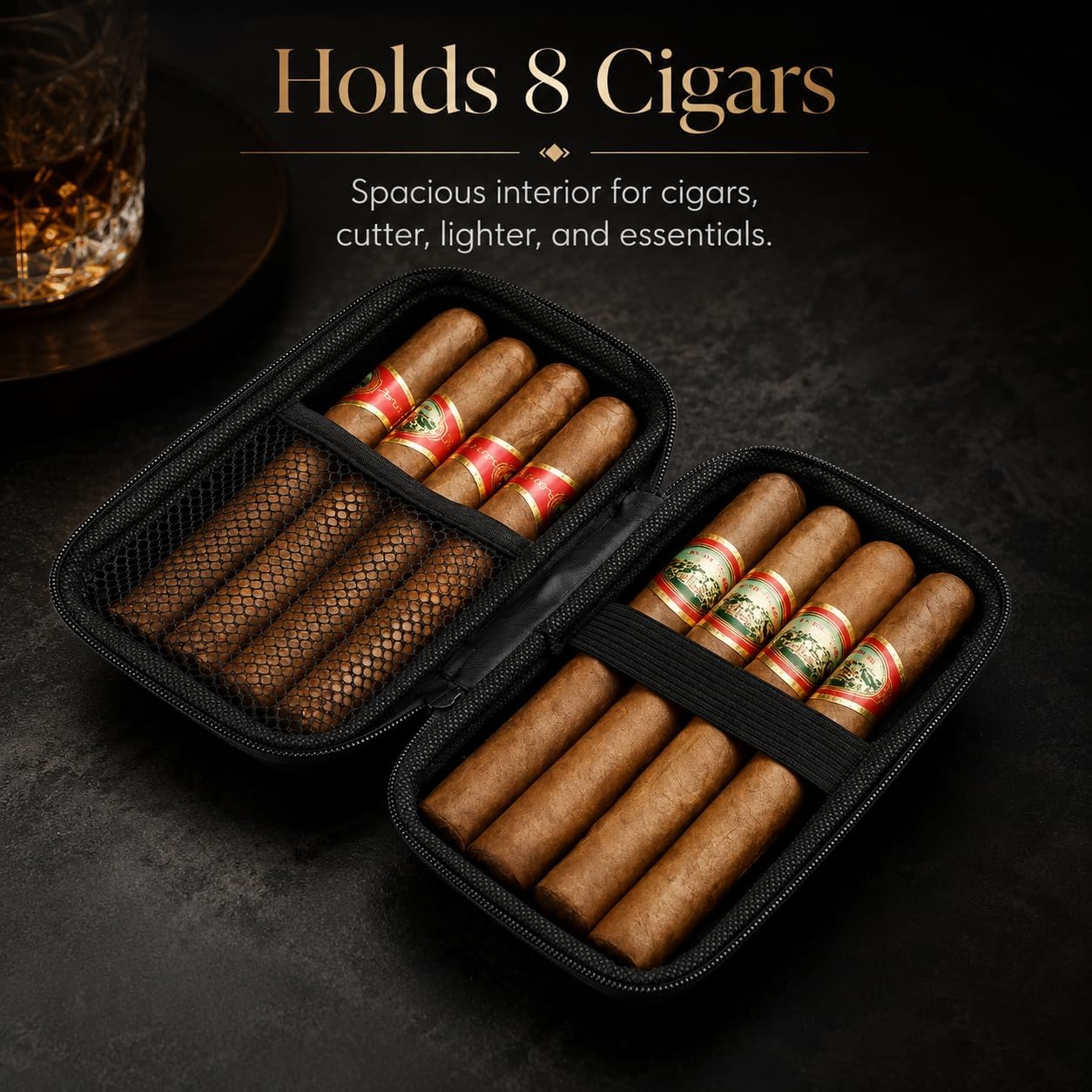 Portable Cigar Case Include 2PCS Humidity Resealable Bag,Stainless Steel Guillotine, V-Cut Cutter, Punch Tool,Travel Cigar Humidor Case for Men Waterproof Airtight Crushproof Cigar Box