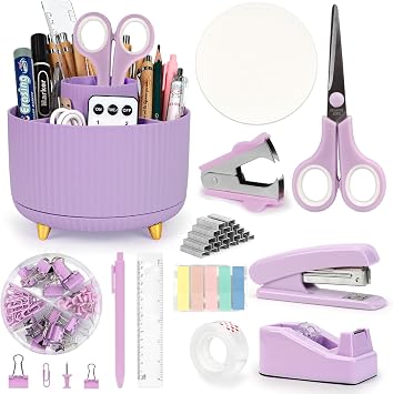 12-in-1 Stationary Set, Purple Desk Accessory with Stapler & Staples Set, Pen Pot, Tape Dispenser, Scissors, Ruler, Color Tabs for Men, Women, Practical Office Supply for Teachers, Students