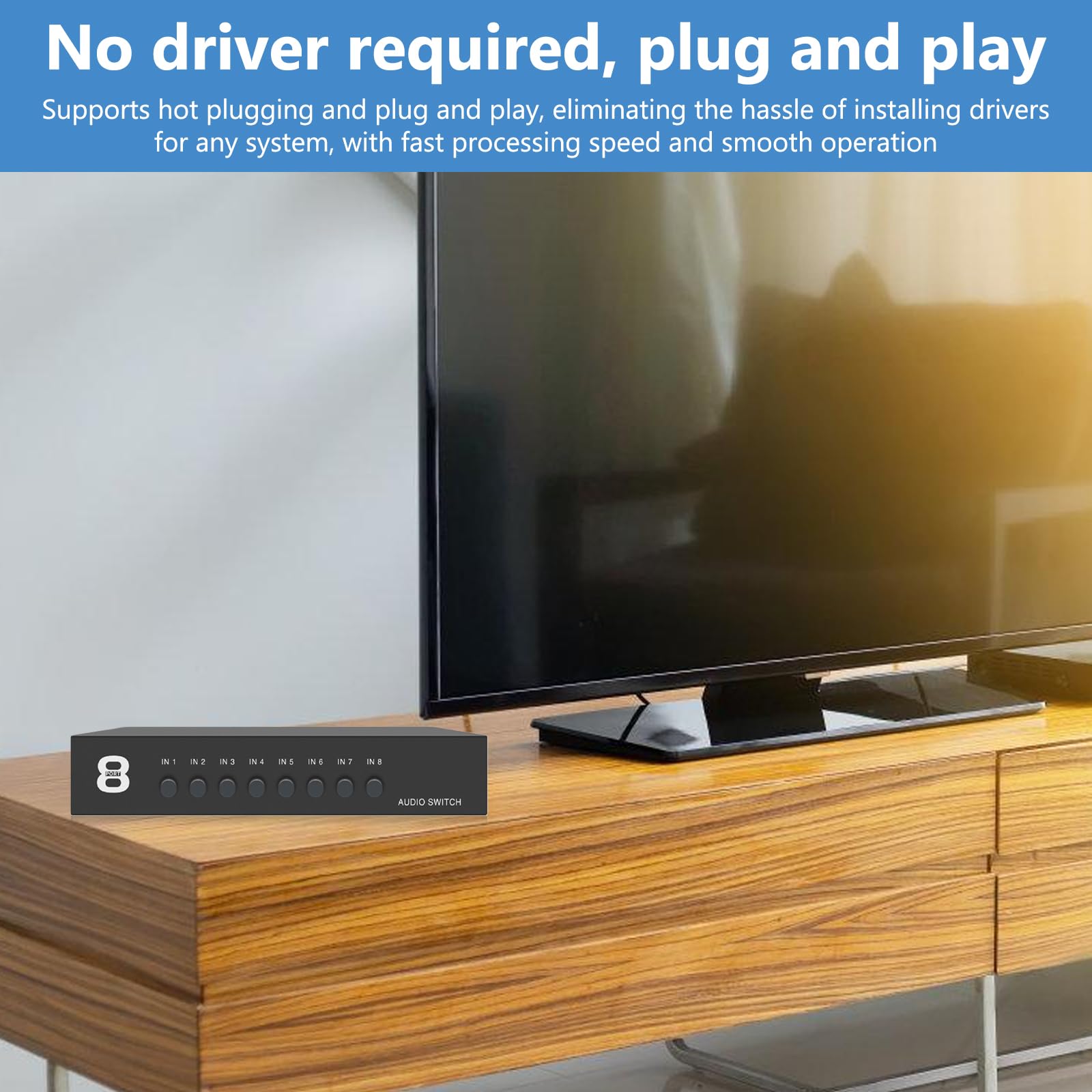 Interruttore audio 8 in 1 Out, interruttore audio passivo, 3,5 mm, AUX + RCA L/R, commutatore audio bidirezionale, splitter video per cuffie, fono, altoparlante, sistema audio