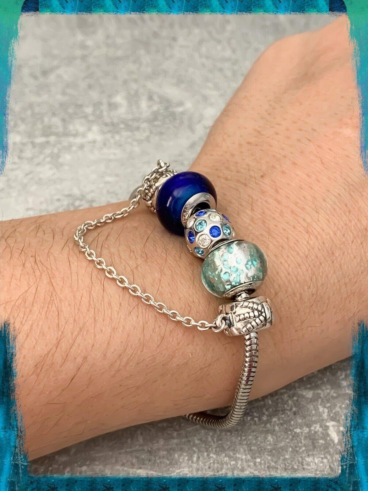 Bracciale Charm Gradiente di Blu Vetro di Murano Autentico & Argento 925 Rodiato, Taglia unica, Perla