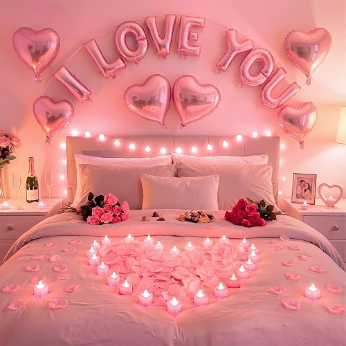 Seematn Pink Valentine's Day Balloons Kit with 16 Inch I Love You Letter Banner 6 Pcs18 Inch Heart Balloons 24 Pcs Flameless Candles 2000 Pcs Fake Rose Petals for Galentines Party Bridal Shower Decor