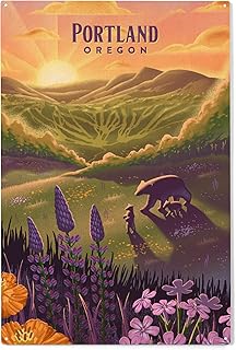 Lantern Press 10x15 Inch Wood Sign, Ready to Hang Wall Decor, Portland, Oregon, Bear and Spring Flowers, Lithograph