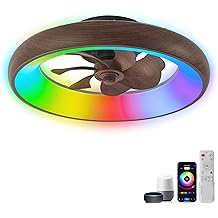 Low Profile Ceiling Fans with Lights, Dimmable Smart RGB Ceiling Fan With Alexa/Google Assistant/App/Remote Control, 6-Speeds Reversible Walnut Woodgrain LED Ceiling Fan for Bedroom Kitchen Foyer