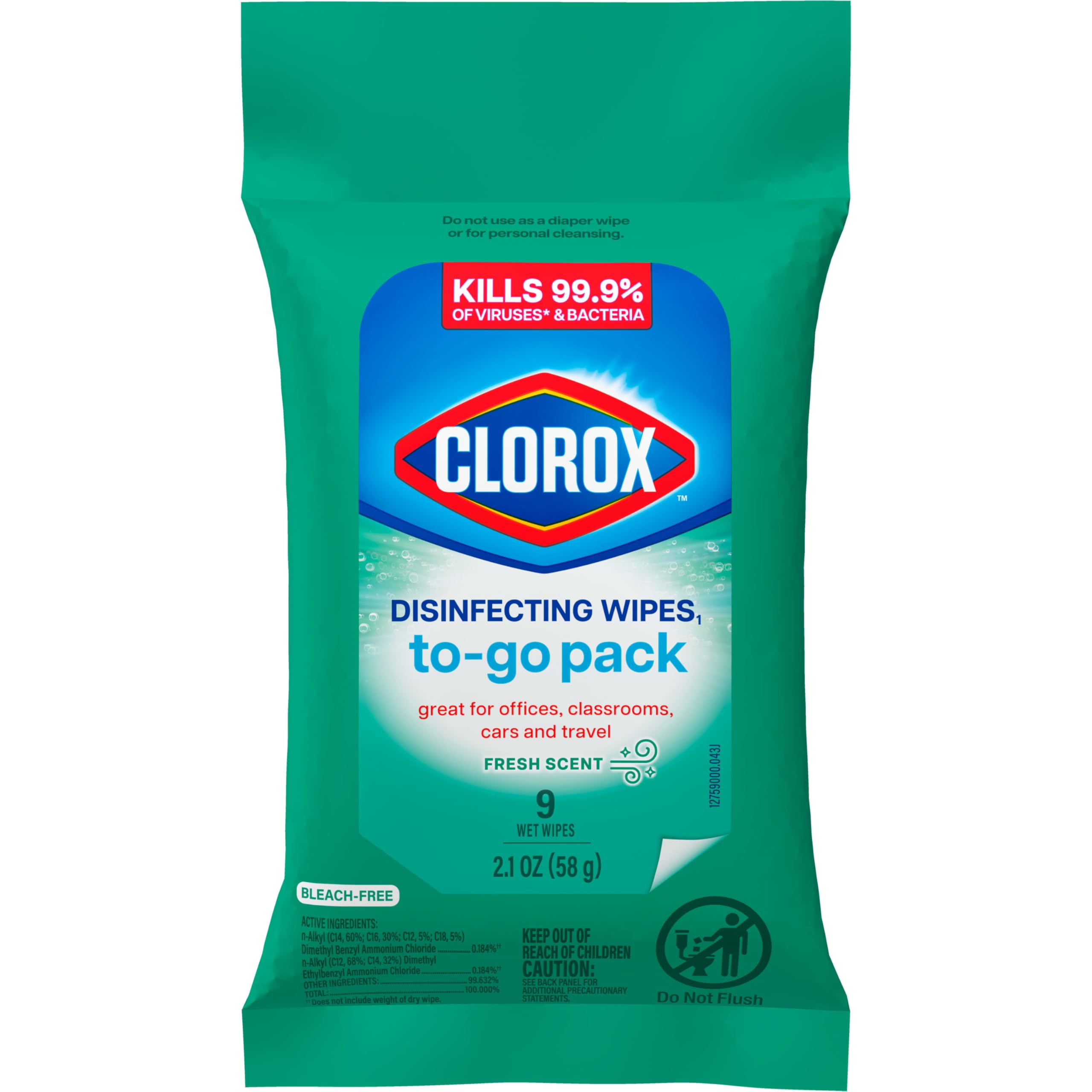 Clorox Disinfecting On The Go Travel Wipes, Household Essentials, Fresh Scent, 9 Count, Pack of 1 (Package May Vary)