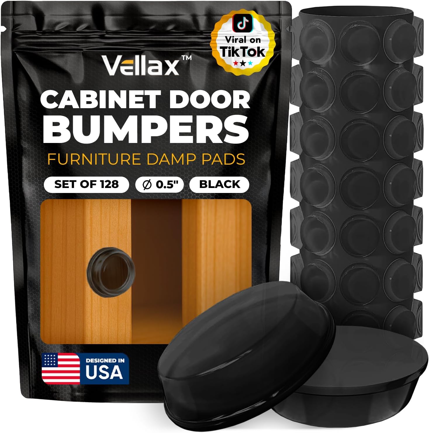 128 Self Adhesive Cabinet Door Bumpers – Sticky Black Silicone Rubber Pads for Furniture Drawers, Kitchen Cabinets, Decor, Wall Protection – Vellax