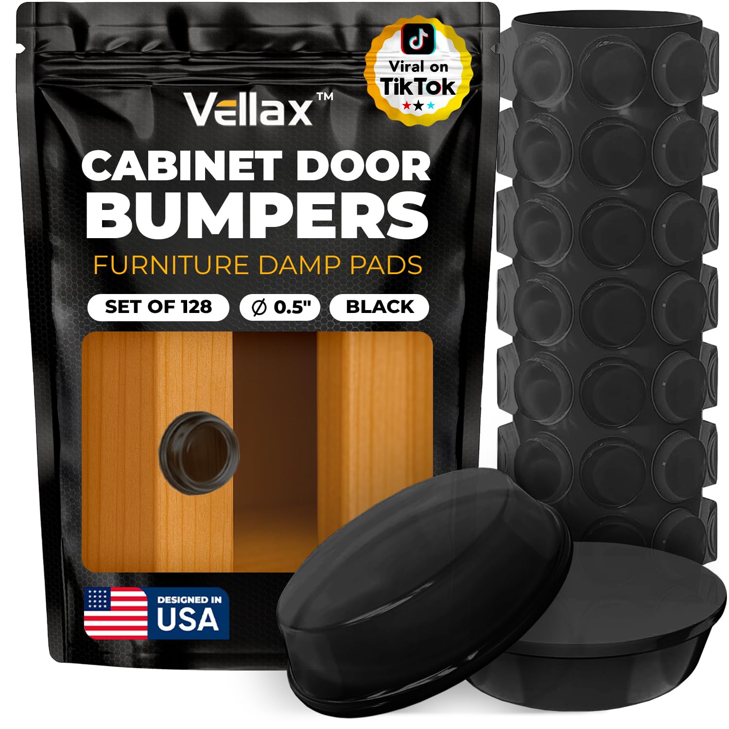 128 Self Adhesive Cabinet Door Bumpers – Sticky Black Silicone Rubber Pads for Furniture Drawers, Kitchen Cabinets, Decor, Wall Protection – Vellax