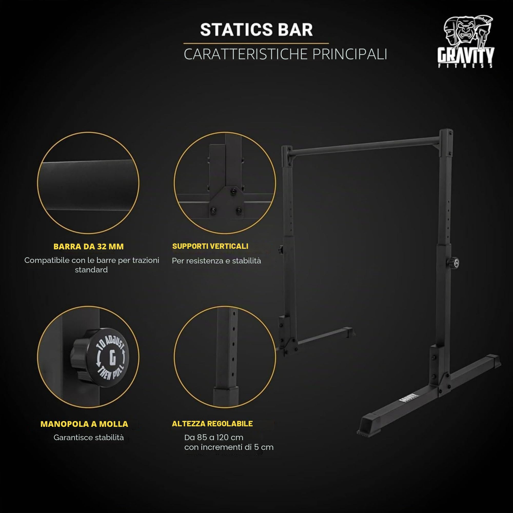 Gravity Fitness Calisthenics - Barra statica per allenamento della forza in casa, altezza regolabile, con piedini antiscivolo, impugnatura verniciata a polvere per allenamenti di peso corporeo e