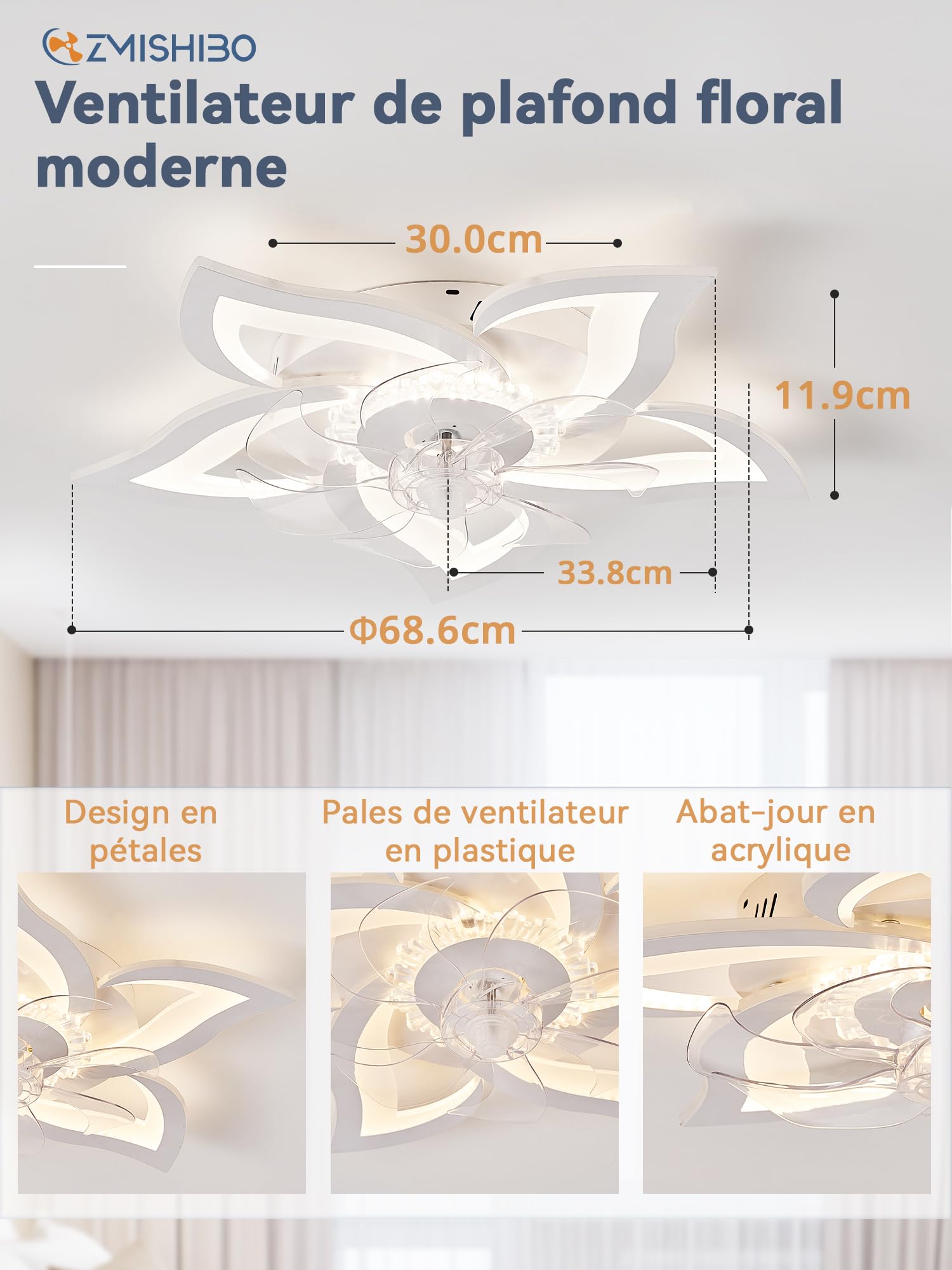 ZMISHIBO Lustre Ventilateur de Plafond Floral à 69cm, Moteur CC Inversible 6 Vitesses, LED Dimmable avec Lumière, Bluetooth APP, Lampe Ventilateur Silencieuse pour Chambre Cuisine Salle à Manger,Blanc